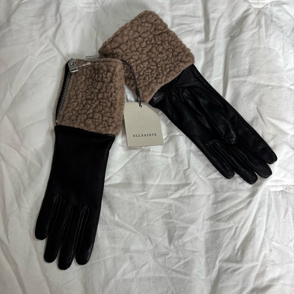 All Saints Black leather and Brown sherling Gloves LARGE